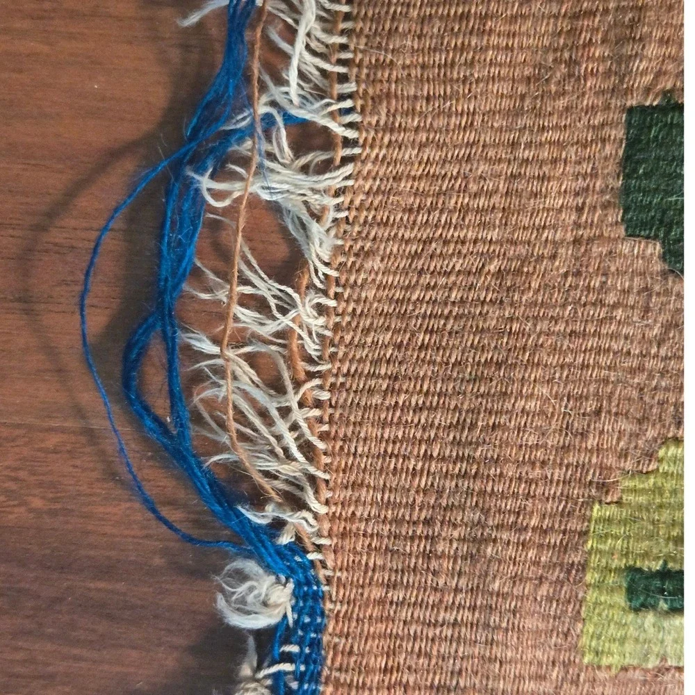 Vintage Handwoven Kilim Rug Floral Medallion Turquoise Tan Boho Flatweave Fringe